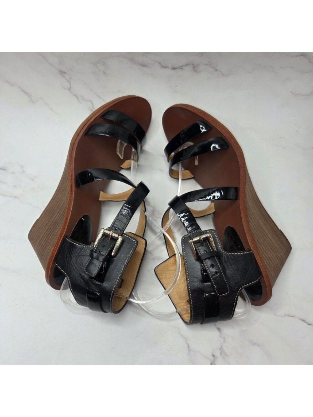NWOT Coach Prue Black Leather Wedges Sandals Ankle Strap Heels Women's 10B - Picture 7 of 11